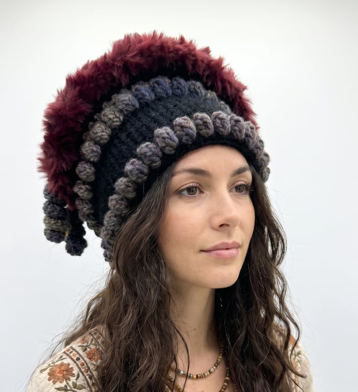 Tribal Style Festival Shaman Beanie Hat.  Hand Crochet.  Vegan Friendly.
