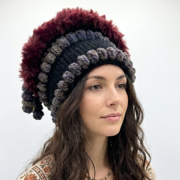 Tribal Style Festival Shaman Beanie Hat.  Hand Crochet.  Vegan Friendly.