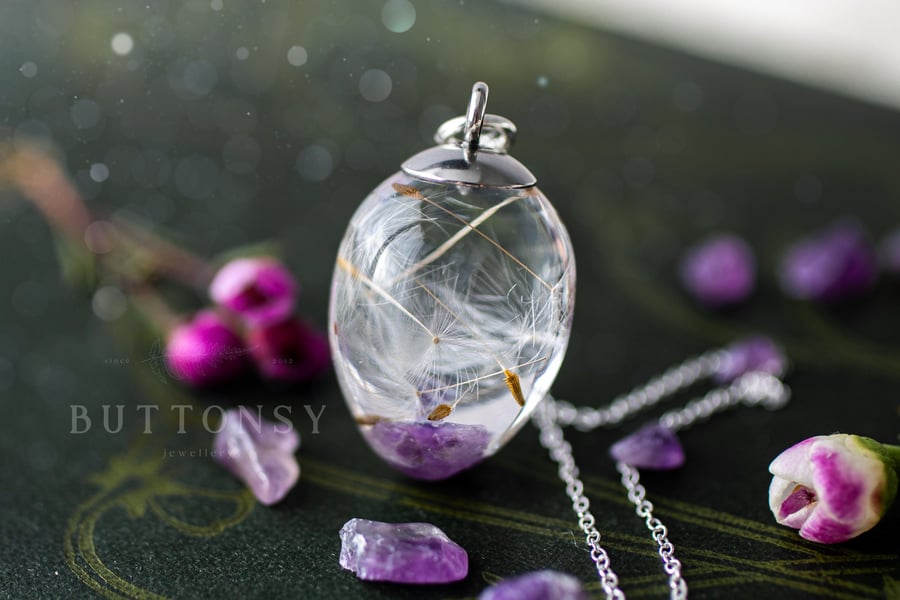 Amethyst and Dandelion Wish Necklace Dandelion Seed Necklace Raw Stone Necklace 