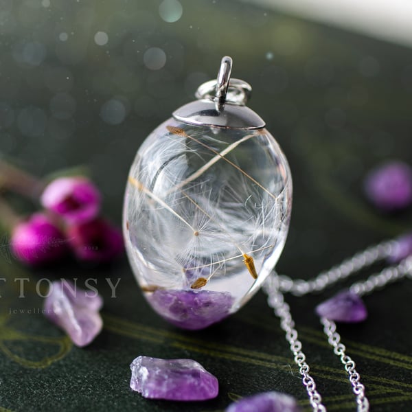 Amethyst and Dandelion Wish Necklace Dandelion Seed Necklace Raw Stone Necklace 