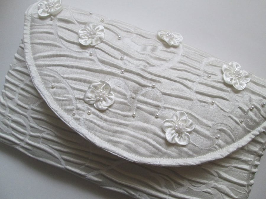 Ivory Brocade Clutch Bag with Satin Flowers and Pearls