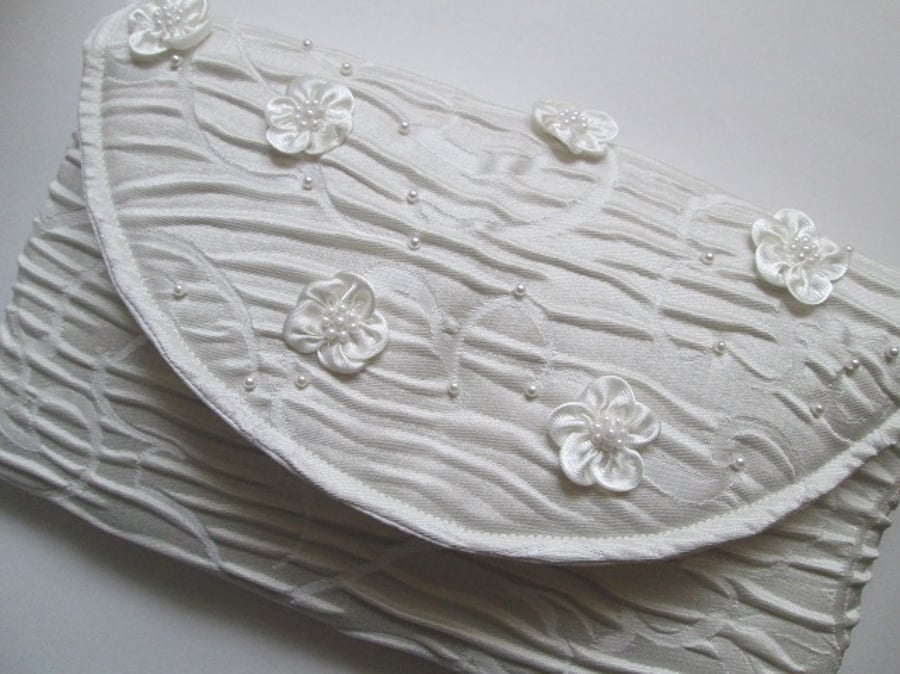 SOLD - Ivory Brocade Clutch Bag with Satin Flowers and Pearls
