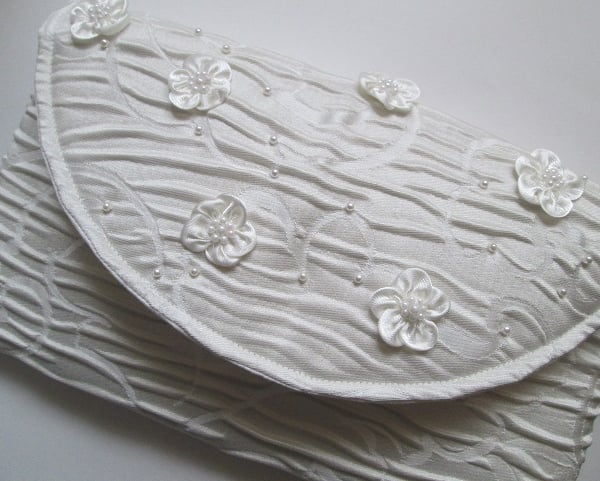 Ivory Brocade Clutch Bag with Satin Flowers and Pearls