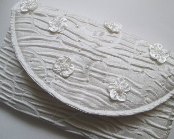 SOLD - Ivory Brocade Clutch Bag with Satin Flowers and Pearls