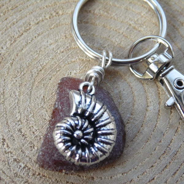 Amber Cornish Sea Glass withAmmonite Fossil Charm Bag Charm Keyring K550