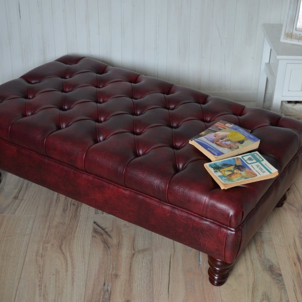 Chesterfield Deep Button Footstool in a Premium Faux Wine Leather