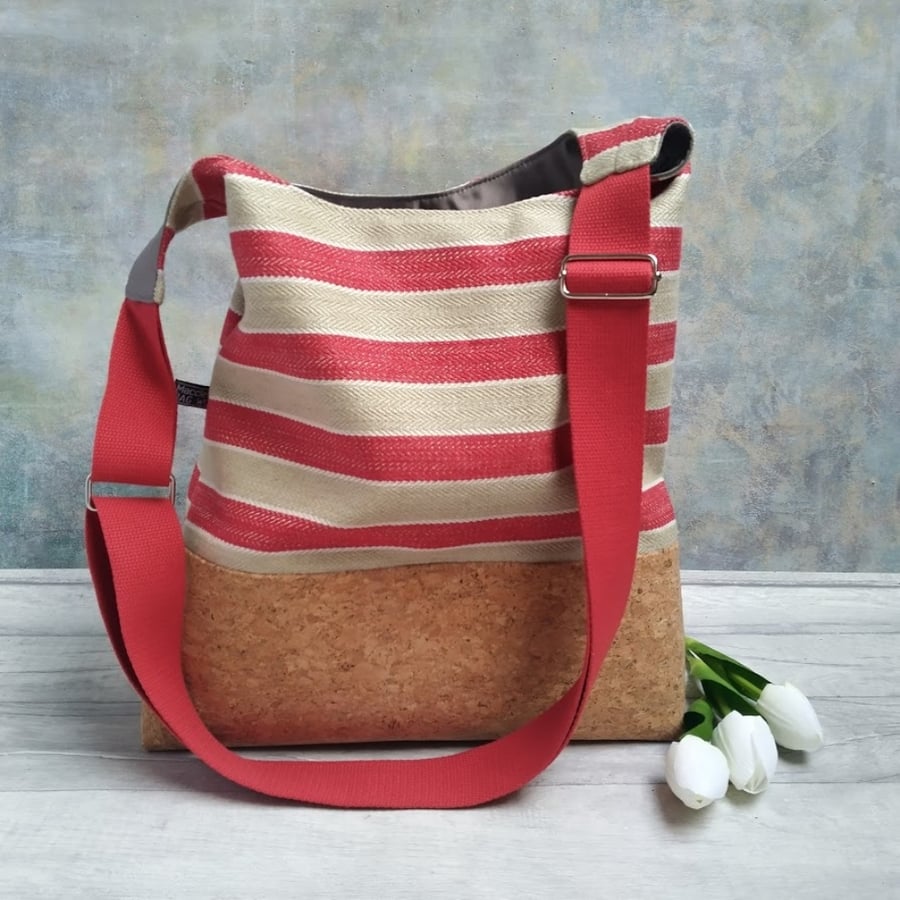 Striped Textile and Cork Fabric Bucket Bag