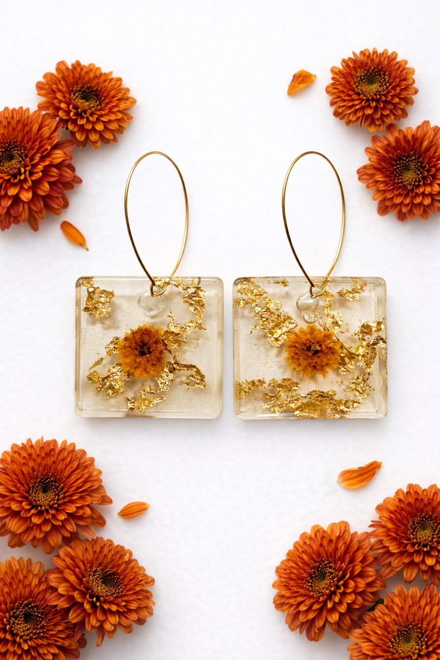 Square Resin Earrings with Orange Flowers & Gold Leaf – Botanical Dangle Earring