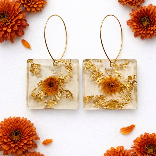 Square Resin Earrings with Orange Flowers & Gold Leaf – Botanical Dangle Earring