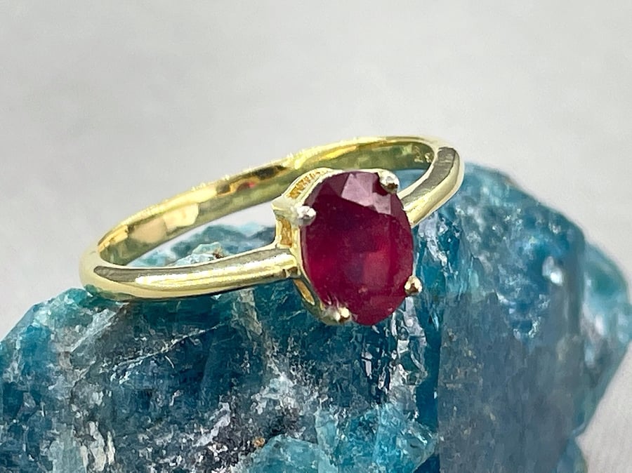 Dainty Ruby Solitaire Ring, 9ct Gold Filled Sterling Silver, UK Size N O