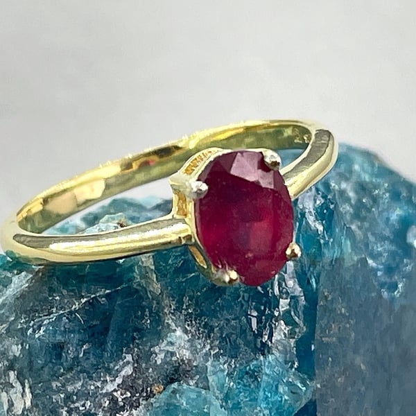 Dainty Ruby Solitaire Ring, 9ct Gold Filled Sterling Silver, UK Size N O