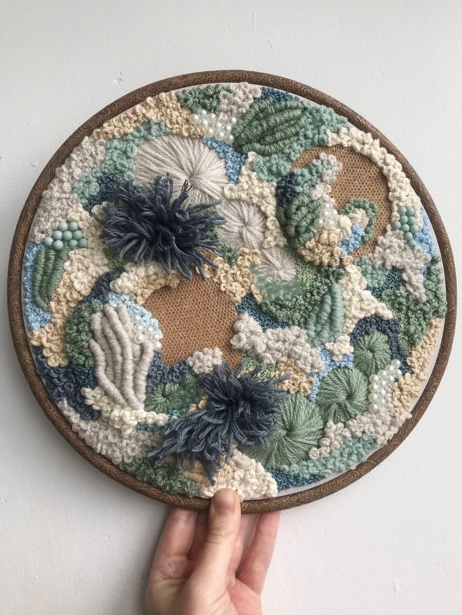 Beyond the sea a 10 inch hand embroidered art piece 