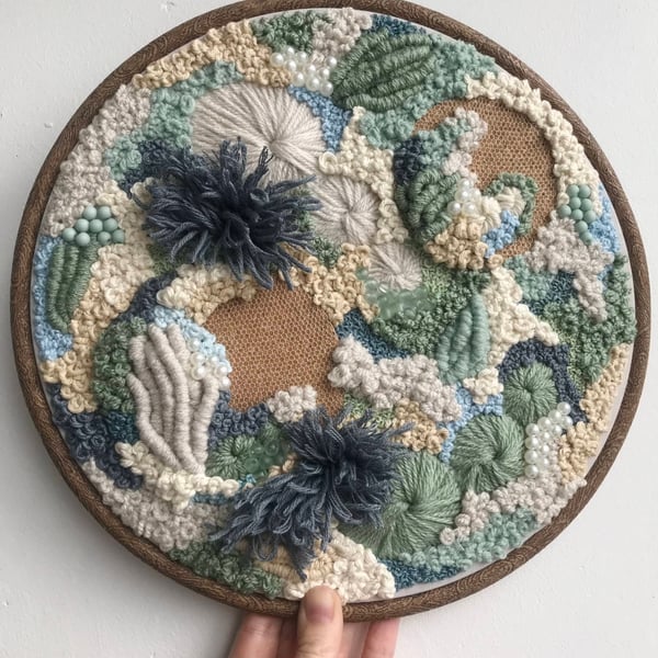 Beyond the sea a 10 inch hand embroidered art piece 