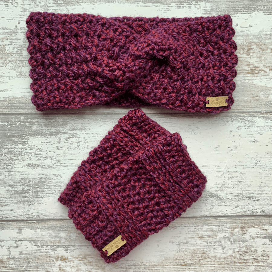 Handmade crochet ear warmer headband and fingerless glove set in purple plum