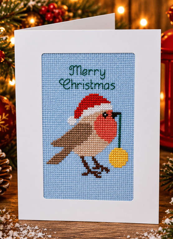 Handmade Cross Stitch Robin Christmas Card with Bauble – 6 x 8 Inch