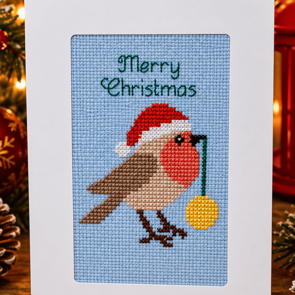 Handmade Cross Stitch Robin Christmas Card with Bauble – 6 x 8 Inch