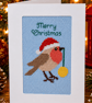 Handmade Cross Stitch Robin Christmas Card with Bauble – 6 x 8 Inch