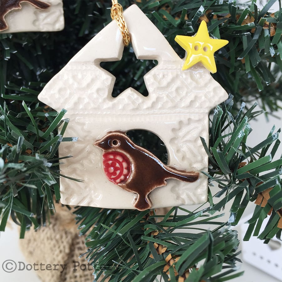 Ceramic Robin in a birdhouse Pottery robin Christmas decoration