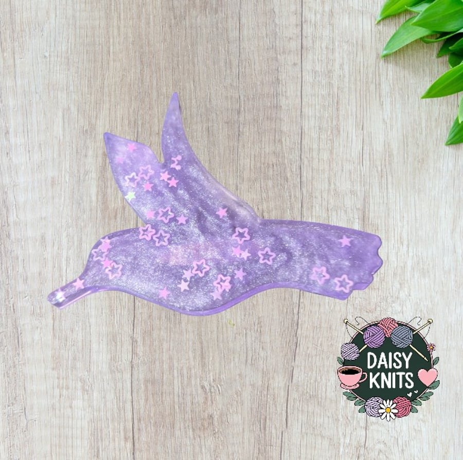 Handmade Resin Bird Brooch - Sparkly Purple with Glittery Stars