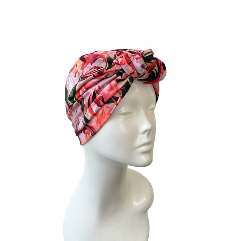 Soft Cotton Front Knot Flamingo Print Hair Turban Head Scarf Pink Chemo Hair