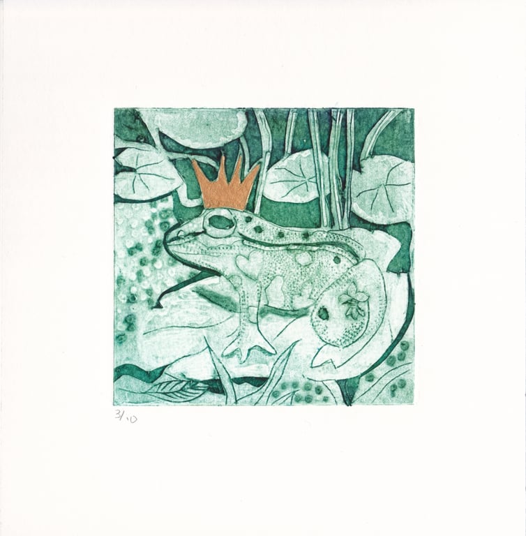 Little Emerald  Green Frog  with a Gold Crown -  Original Collagraph Print