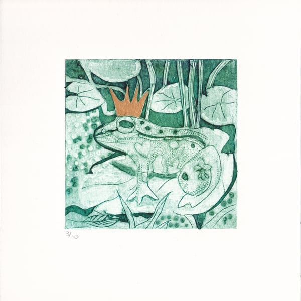 Little Emerald  Green Frog  with a Gold Crown -  Original Collagraph Print