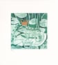 Little Emerald  Green Frog  with a Gold Crown -  Original Collagraph Print - Image 1