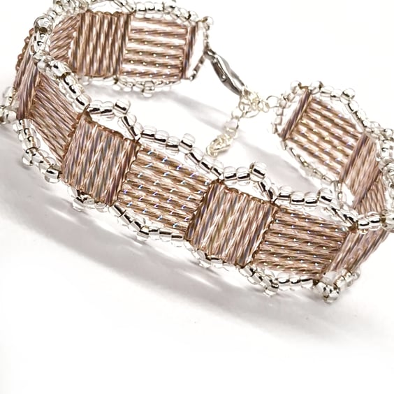 Shimmering silver and peach squares bugle beaded bracelet