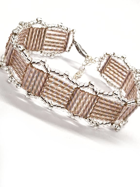 Shimmering silver and peach squares bugle beaded bracelet