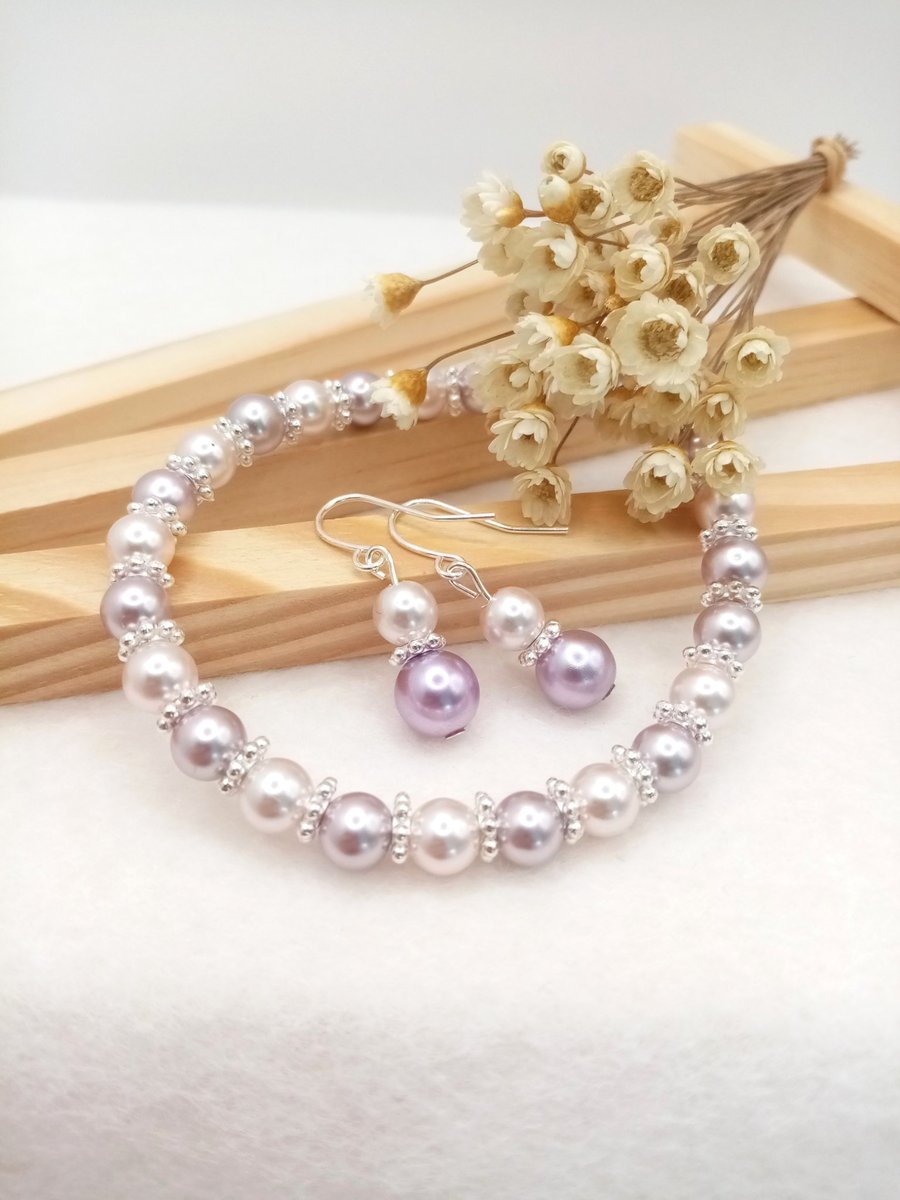 Rosewood & Soft Pink Pearl Jewellery Set, Handmade Boxed Gift Set 