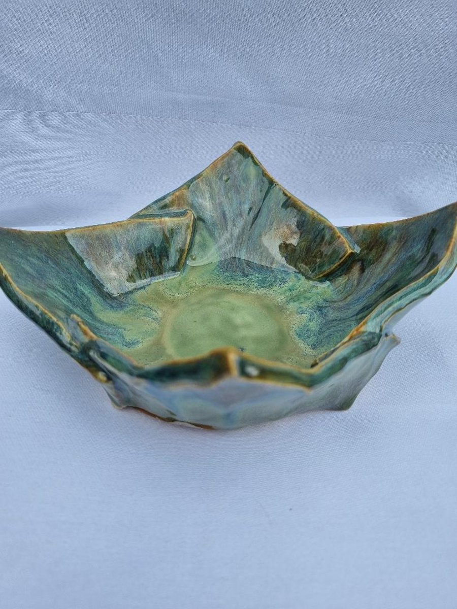 Pottery origami inspired folded ceramic bowl in unique green glazes