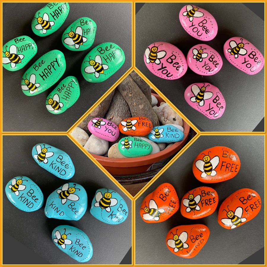 Bee inspiration pebbles, Bee Happy Free Kind You, Hand-painted pocket pebbles