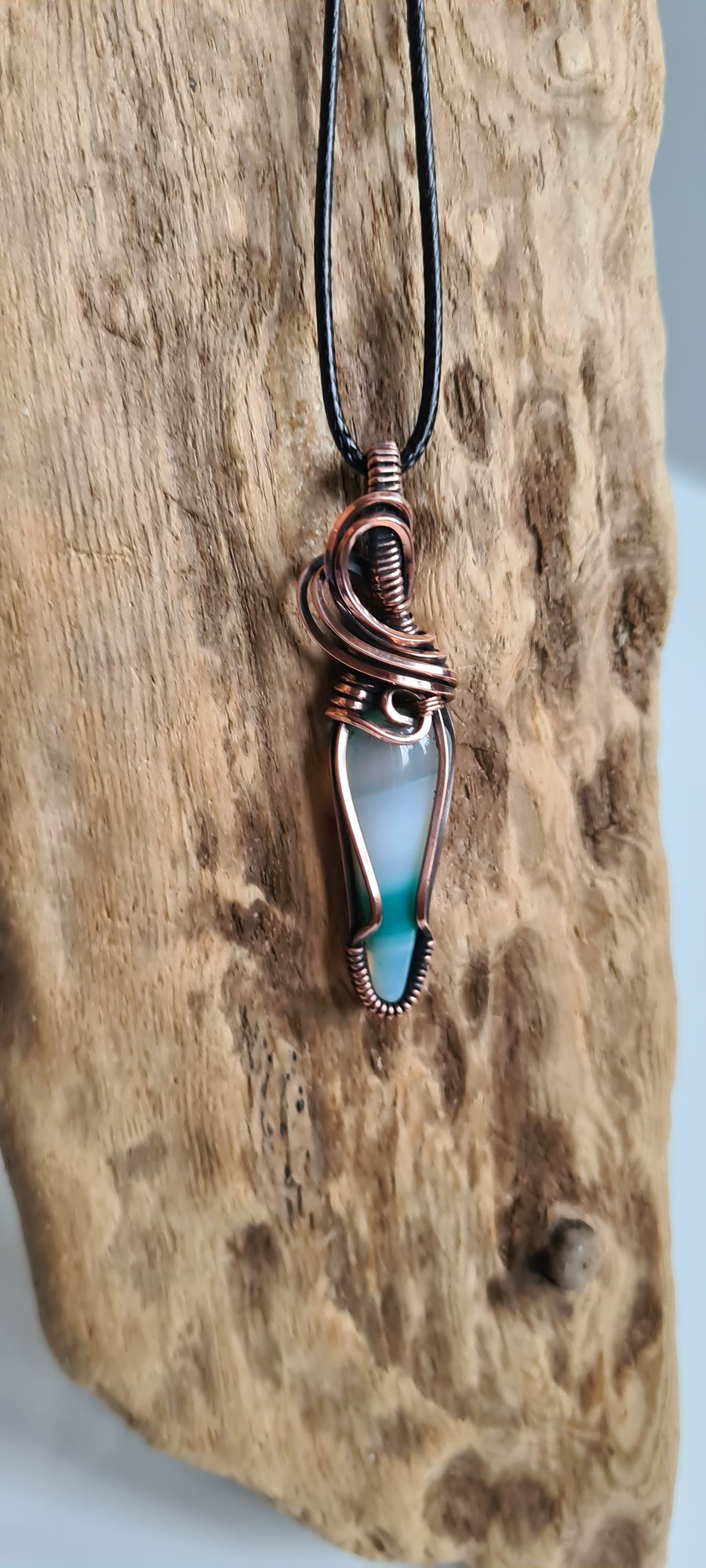 Handmade Natural Green White Botswana Agate & Copper Pendant Necklace Gift Boxed