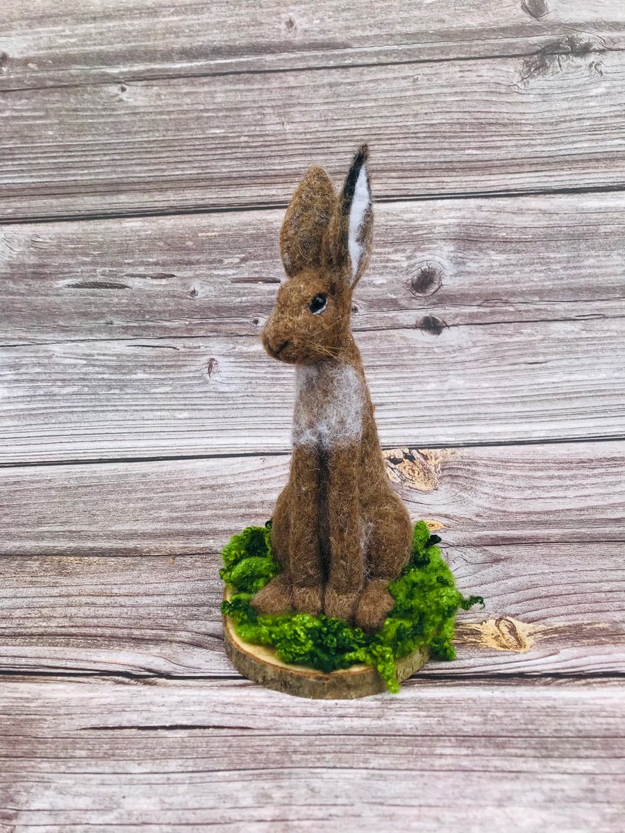 Willow - Needle Felted Brown Hare on Wooden Base - handmade OOAK gift 