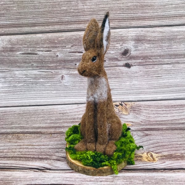 Willow - Needle Felted Brown Hare on Wooden Base - handmade OOAK gift 