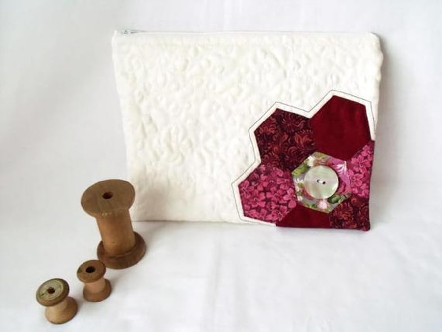 cream patchwork zipped make up pouch, pencil case or crochet hook case