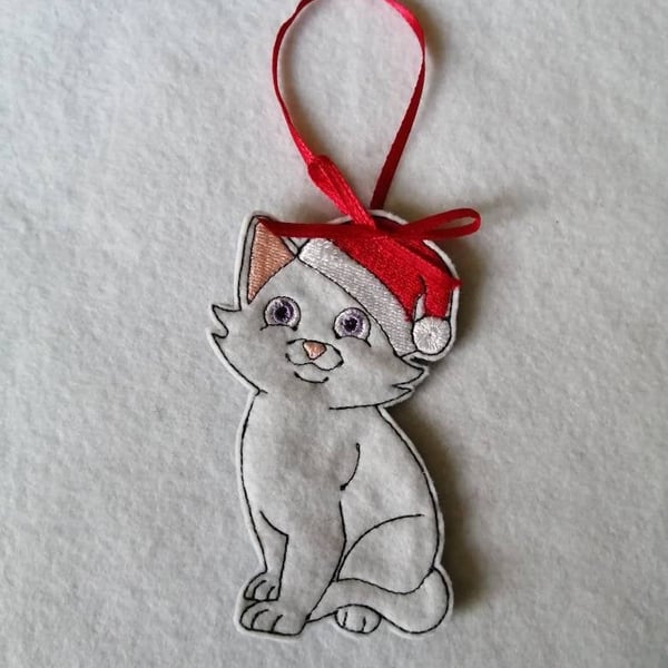 743. Cat with Santa hat Christmas tree hanging ornament.