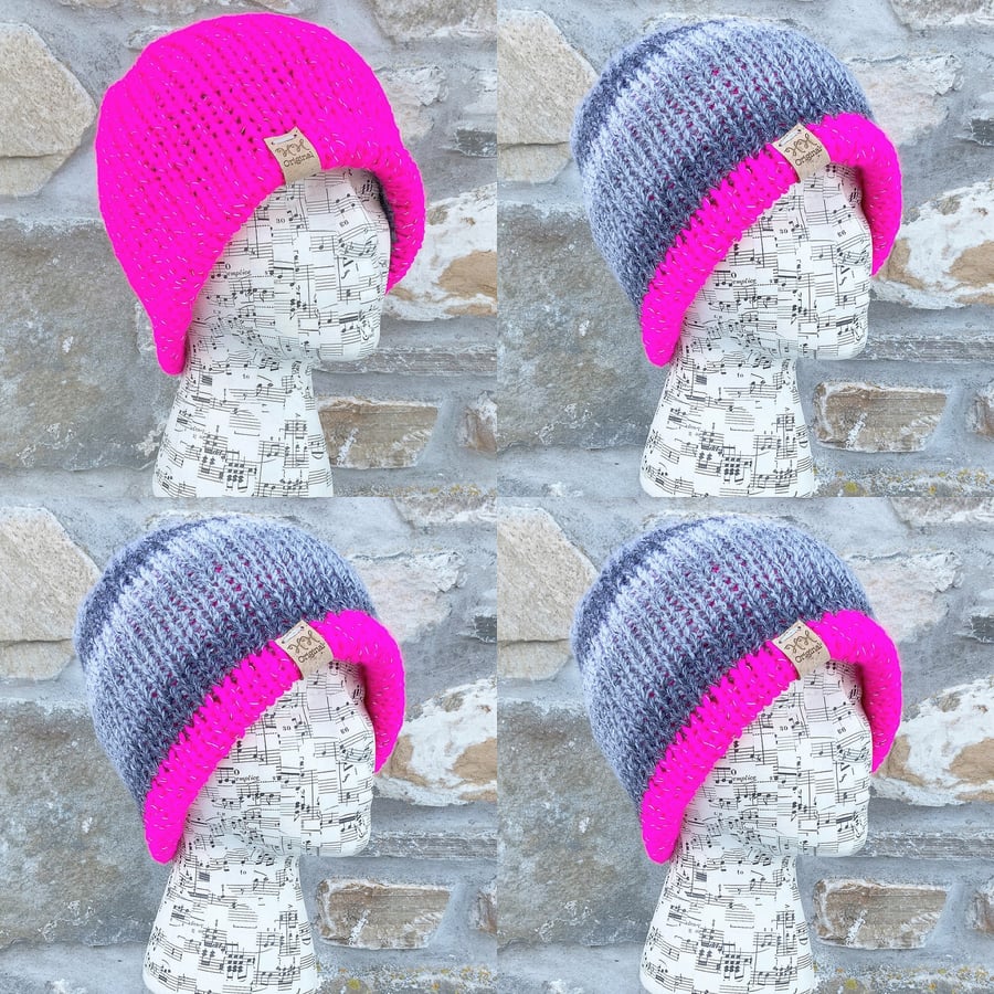 Reflective Hat. Knitted Hat. Woollen Hat. Reversible Hat. Neon Pink Hat. 