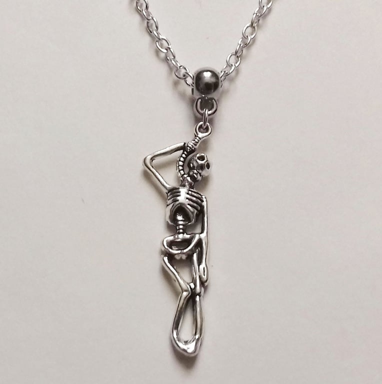 Black Glass Hanging Skeleton Hangman Gothic Necklace Silver Plate 