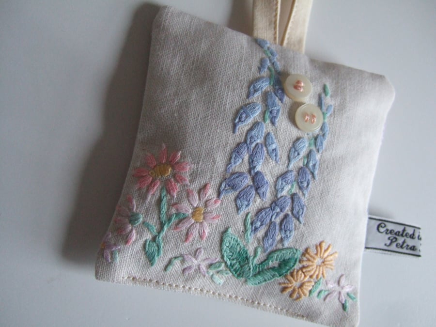  Vintage floral embroidered lavender bag with dried Yorkshire lavender.
