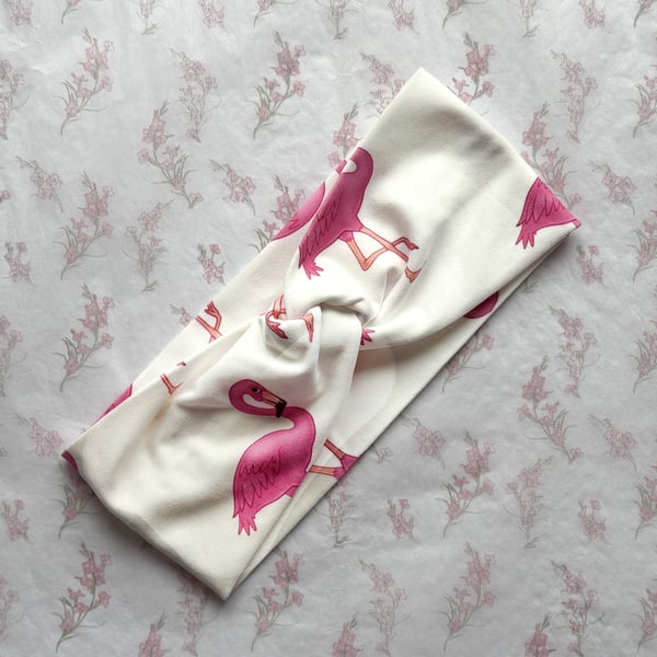 Women's Twist Knot Headband-Hairband Knot-Jersey Twist Headband-Flamingos-HA005