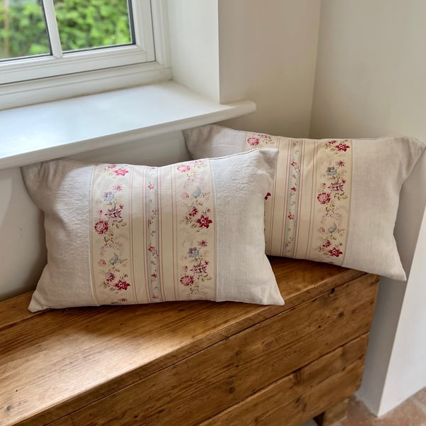 Vintage linen cushion, cottage, floral cushion