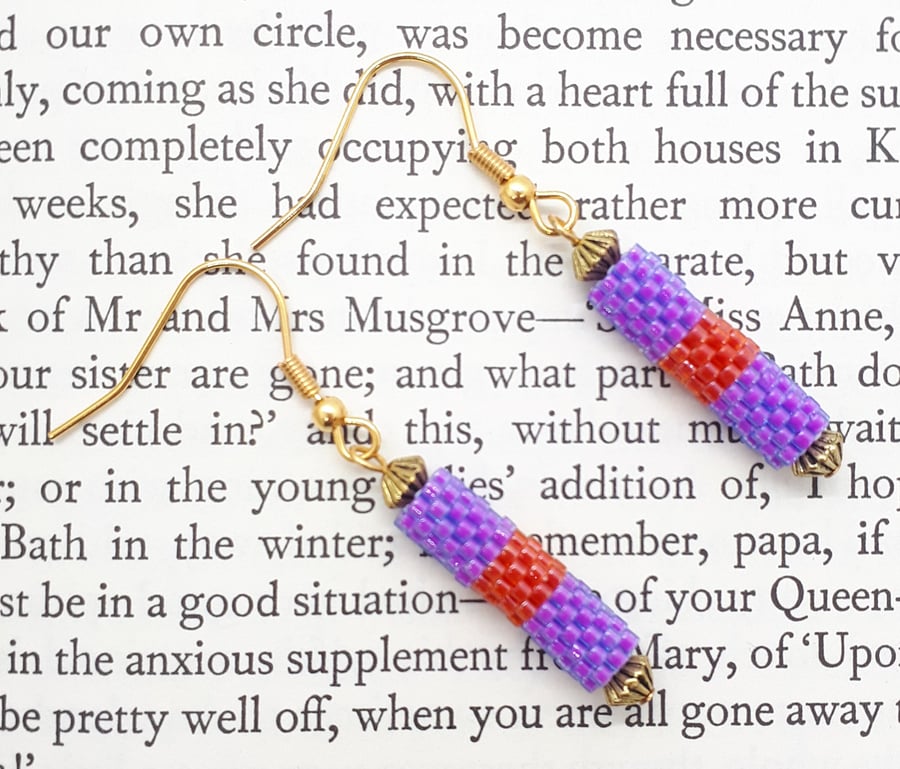 Peyote Striped Beadwoven Dangly Tube Earrings, Surgical Steel Earwires