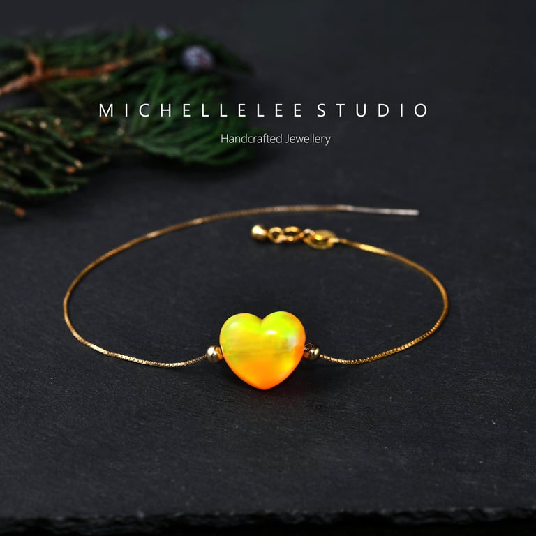 Large Yellow 3D Fire Opal Heart Bracelet with 925 Sterling Silver Chain