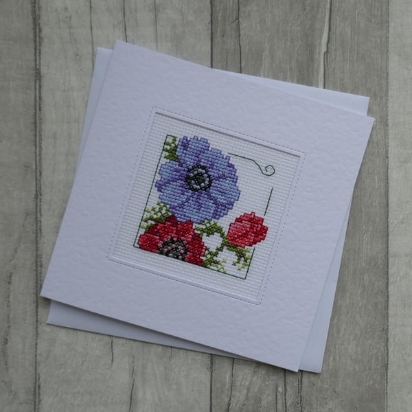 Cross Stitch Card with Red and Lilac Anemones