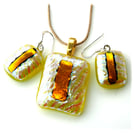 Dichroic Glass 117 Pendant Earring Set Gold Lemon Plated Chain