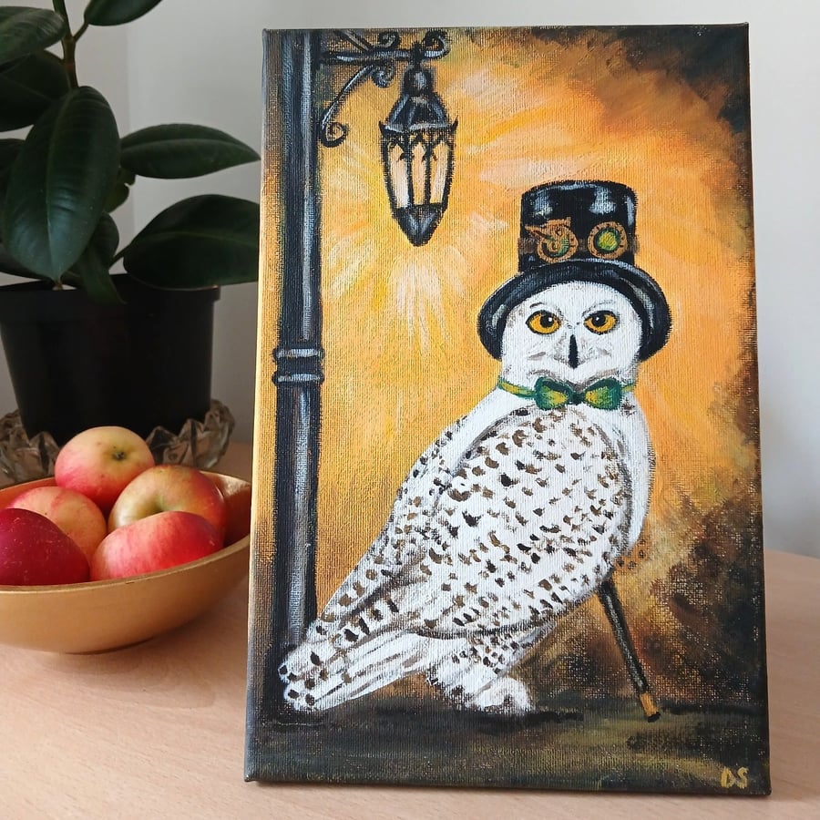 Steampunk style Snowy Owl Original acrylic painting on stretched canvass.  