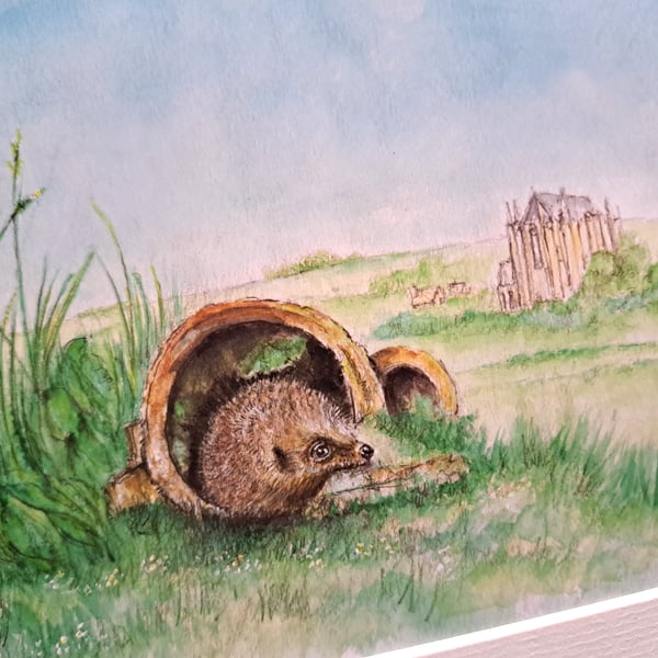 Watercolour print of a Southdowns Sussex Hedgehog