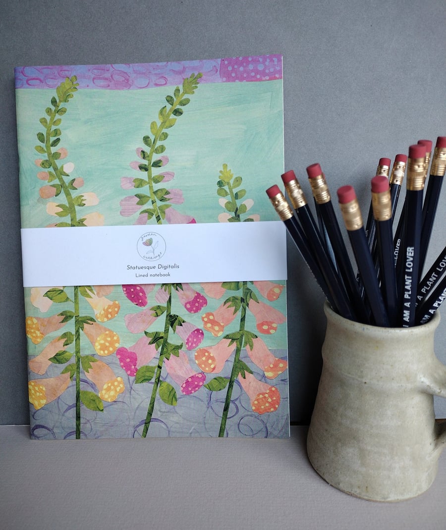 Lined floral notebook, foxglove design, botanical stationery 