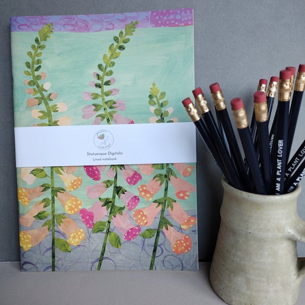 Lined floral notebook, foxglove design, botanical stationery 